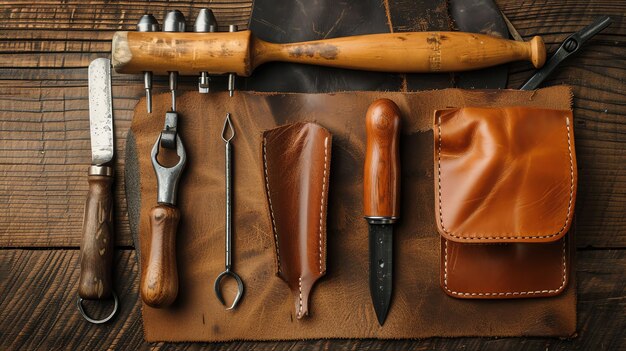 Top view of leather craft tools and accessories on a wooden table