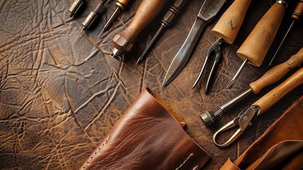 Top view of leather craft tools on a brown leather background The tools are arranged