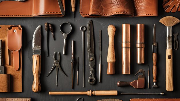 Top view of leather craft tools on a dark background The composition includes a variety of tools