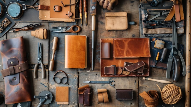 Top view of leather craft tools and materials on a wooden table