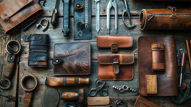 Top view of leather craft tools and materials