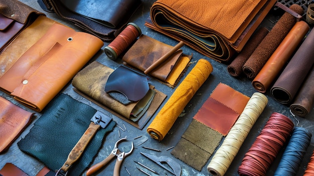 Top view of a leather crafters workspace with various types of leather tools and materials