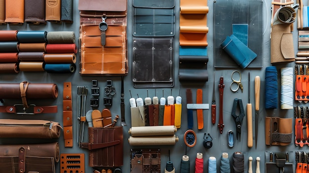 Top view of leather goods and tools on a gray concrete background