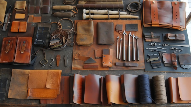 Top view of leather goods and tools on a wooden table