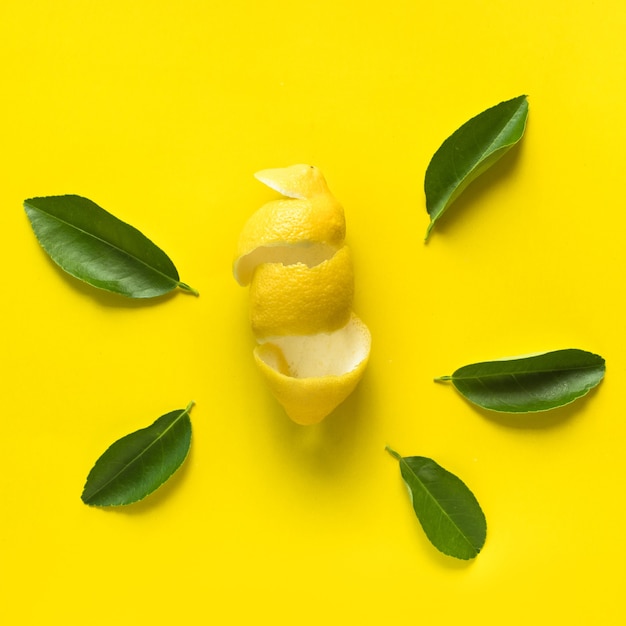 Top view of lemon peel and leaves isolated