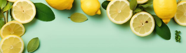 Top View Lemonade And Lemons On Mint Background Banner For Web Generative AI