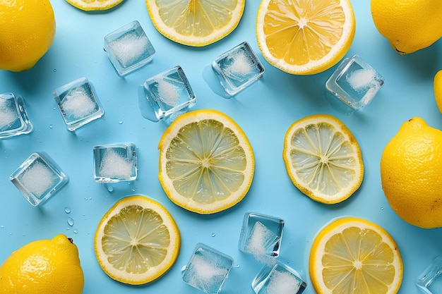 Top view of lemons and ice cubes on baby blue surface