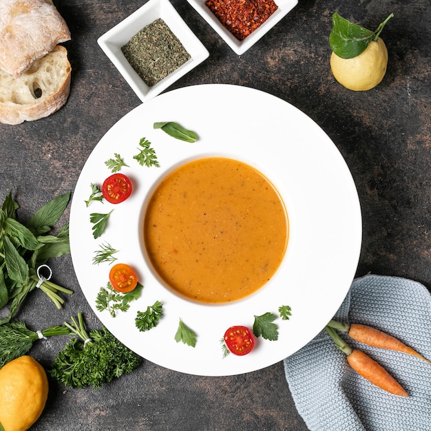 Top view of lentil soup in white plate vegetables and pepers on grey table