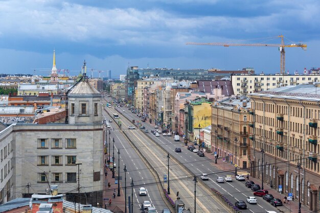 top view of Ligovsky Prospekt in the historical center of St Petersburg before the rain