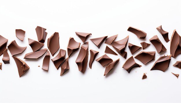 Photo top view line of chocolate shards on a white background