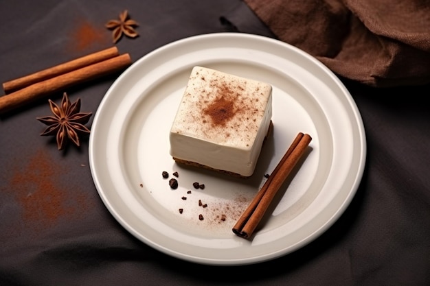 Top view of little creamy cake with chocolate pieces on the dark surface