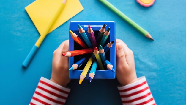 Top view little kid holding blue pen box full of colorful pencils on blue surface