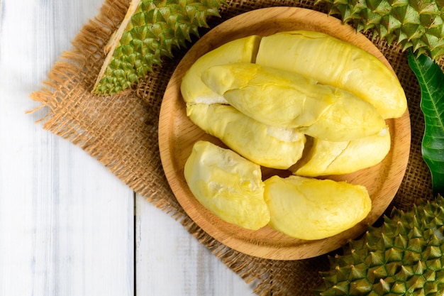 Top view of Long Laplae Durian on wood plate Rare durian in Thailand