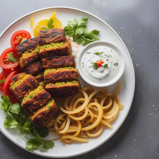 Top view lule kebab with tomato and onion and ayran on stone background