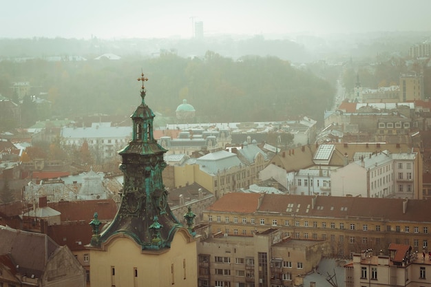 Top view of Lviv from the roof City Hall tower at Market Square