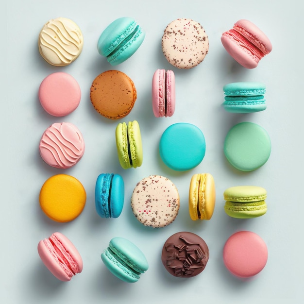 Top view on macaroons over light blue background Flatlay genera