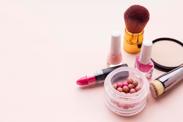 Top view make-up accessories with copy space