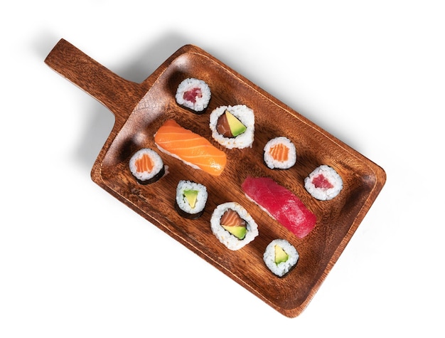 Top view of maki sushi board isolated on white background