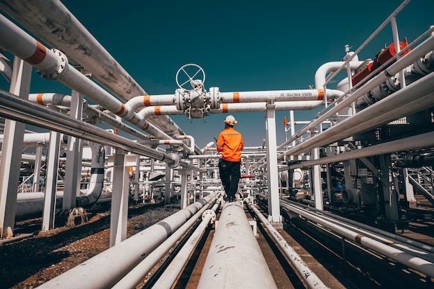 Top view male worker inspection at steel long pipes and pipe elbow in station oil factory during refinery valve of visual check record pipeline oil and gas