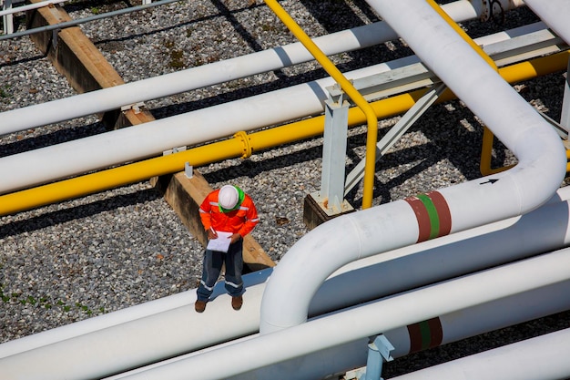 Top view male worker inspection at steel long pipes and pipe elbow valve in station oil factory during refinery valve of visual check record pipeline oil