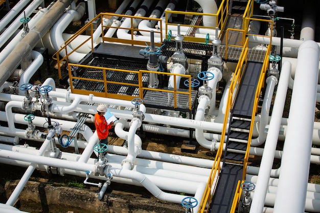 Top view male worker inspection at valve of visual check record pipeline oil and gas industry