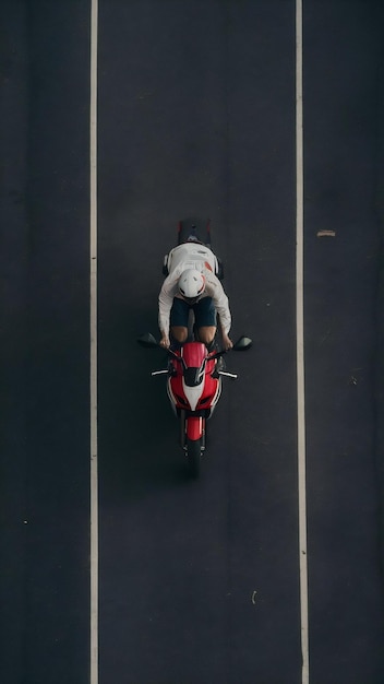 Photo top view man riding a motorbike