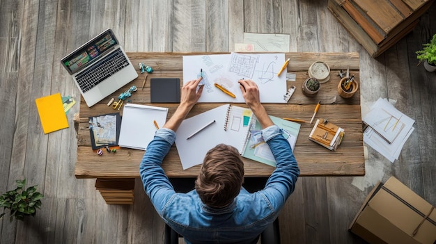 Photo top view of a man working on a drawing at a wooden desk