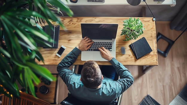 Top view of a man working on his laptop at a wooden desk He is wearing a casual shirt and jeans