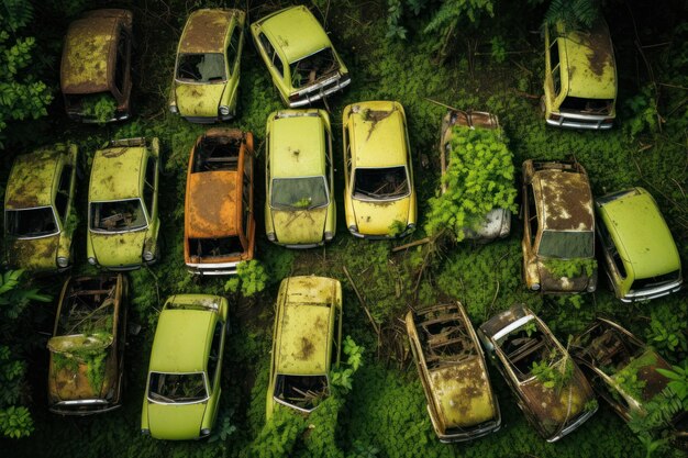 top view many ev car was abandoned in the forest