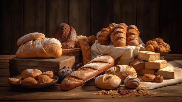 Top view of many kinds of bread on wood background