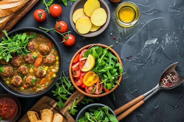 Top view meat balls soup with sliced potatoes inside round on dark