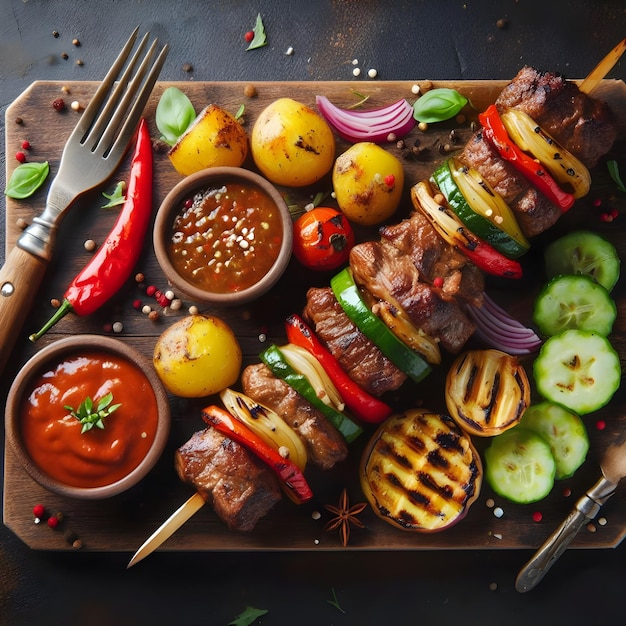 Photo top view meat kebab with potatoes and grilled vegetables with sauce on the board