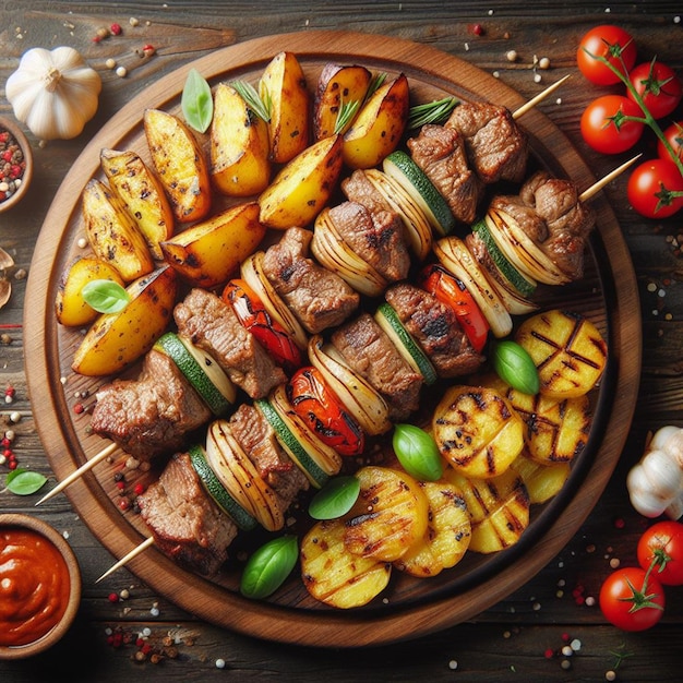 Photo top view meat kebab with potatoes and grilled vegetables with sauce on the board