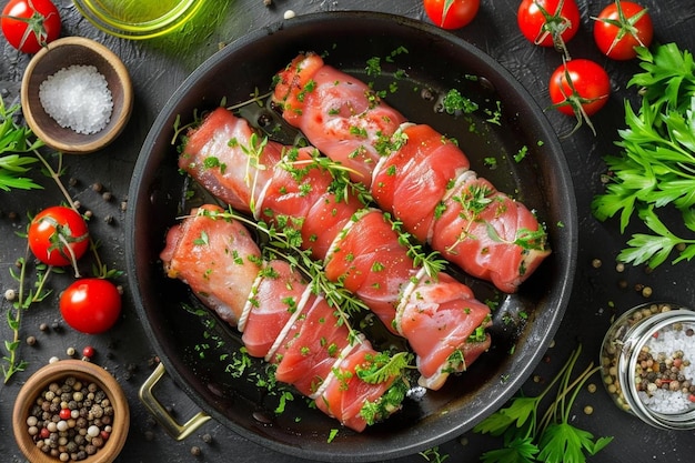 Top view meat rolls rolled with vegetables inside pan with greens and seasonings on dark