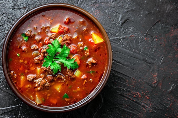 Top view meat sauce soup with potatoes and greens on a dark desk