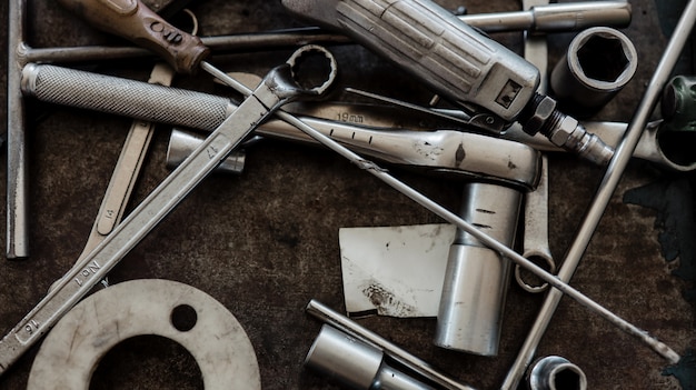 Top View of Mechanic Tools at the Garage. Engineer, Craftsman Toolbox.