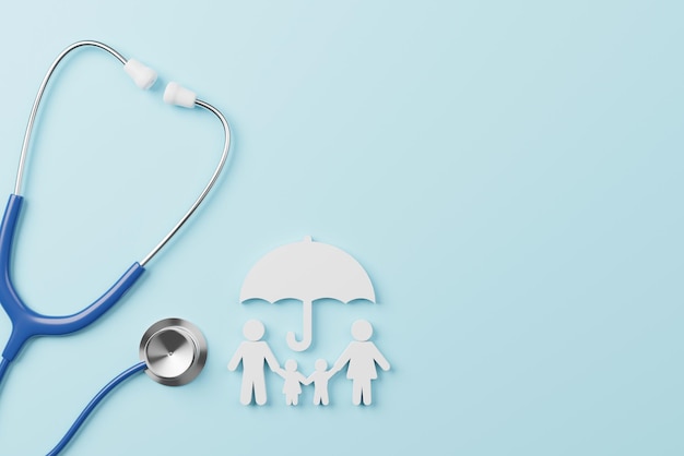 Top view of medical stethoscope and icon family on cyan background Health care insurance concept 3d rendering