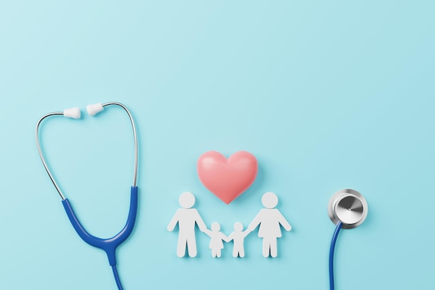 Top view of medical stethoscope and icon family with heart symbol on cyan background Health care insurance concept 3d rendering