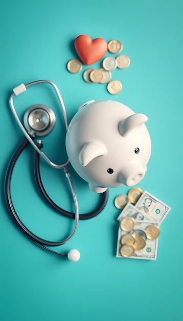 Photo top view of medical stethoscope and piggy bank on cyan background investment in health insurance