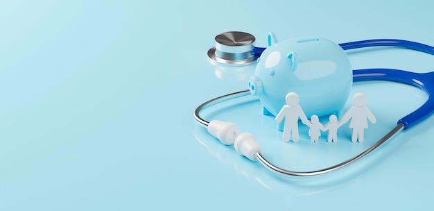 Top view of medical stethoscope with piggy bank and icon family on cyan background Investment in health insurance and wealth concept 3d rendering