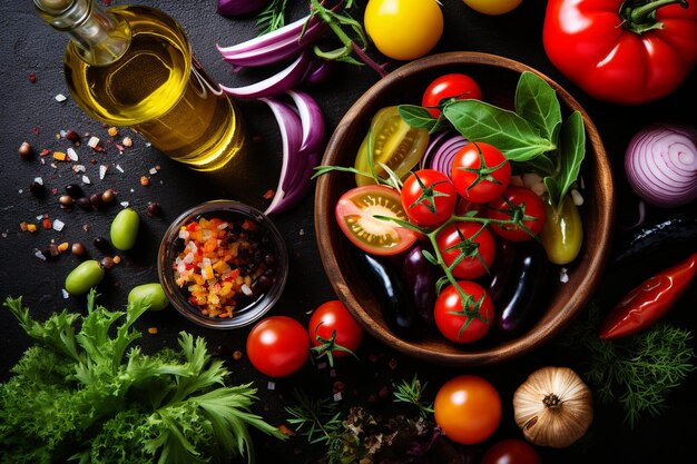 Photo top view of mediterranean diet ingredients fresh and natural