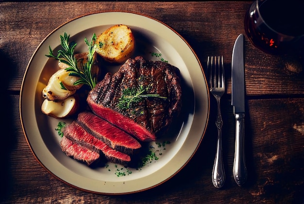 Top view of medium grilled beef steak on wood table Generative AI