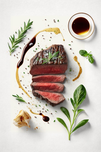 Top view Medium rare slices steak on table in restaurant