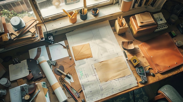 Top view of a messy desk with blueprints leather and tools The desk is made of wood and is stained