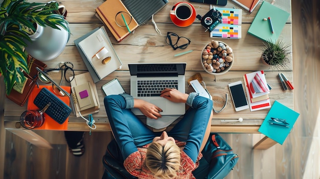 Top view of a messy wooden desk with a woman using laptop