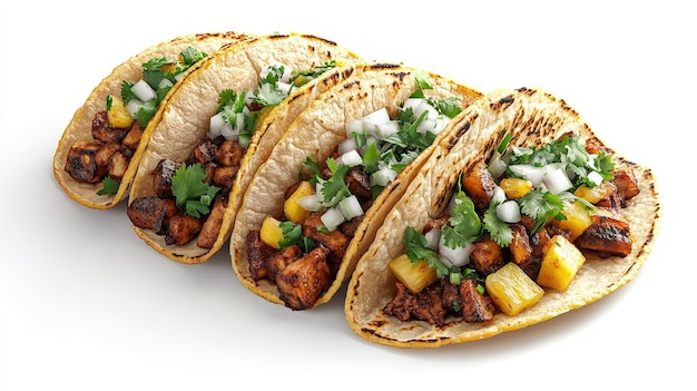 Top view of Mexican food Barbacoa Tacos isolated on a white transparent background hyper realistic