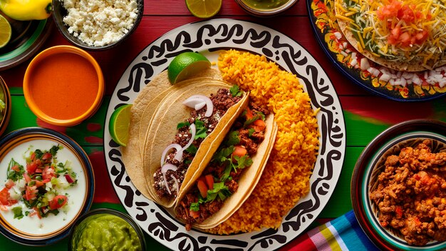 Top view mexican food on colorful table