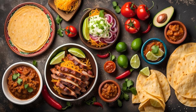 Top view mexican food with meat and vegetables