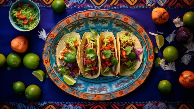 Top view mexican tacos with guacamole and vegetables on blue plate vibrant embroidered tablecloth