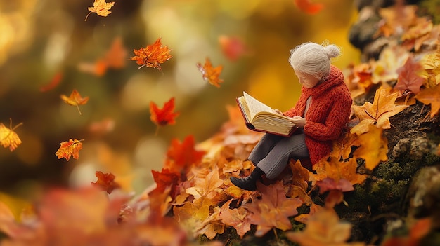 top view Miniature landscapeclay material An old women is sitting on a maple leaf reading a book